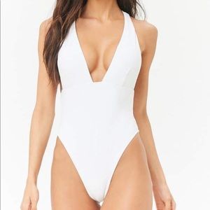 Forever 21 White Plunging One Piece SwimSuit